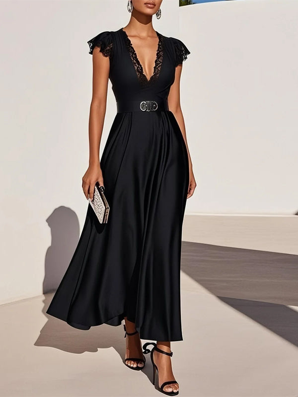 Black Lace Satin V Neck Short Sleeve A-Line Midi Dress