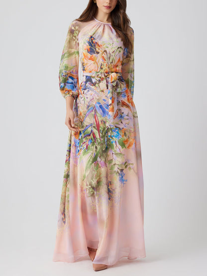 Floral Chiffon Maxi Gown with Long Sleeves