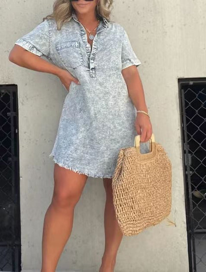 loveedsTM-Short Sleeve Casual Denim Shirt Dress
