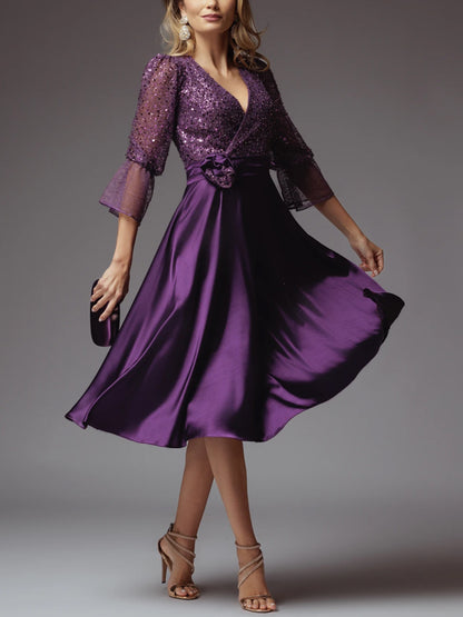 V-neck Sequins Solid Color Midi Dress