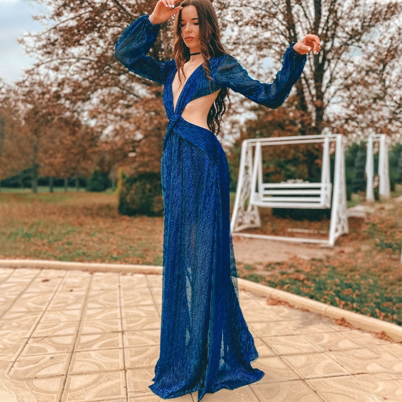 loveedsTM- Sexy V-Neck Backless Hollow Out Dress 2024 Summer Women Lantern Sleeve Club Party Long Maxi Dresses Tunic Beach Cover Up A916