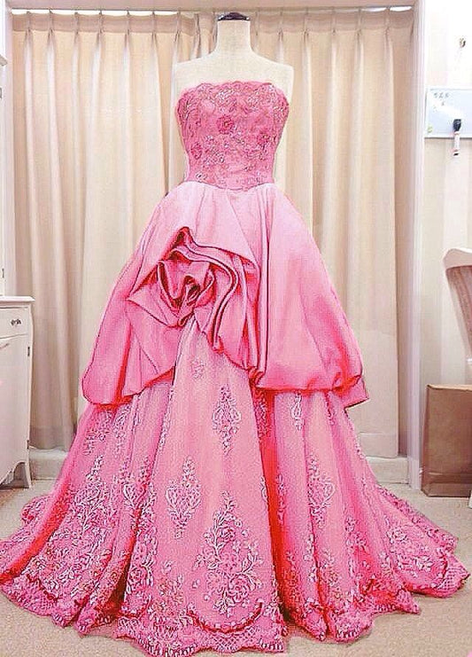 Pink Glitter Floral Beading Elegant Long Tulle Ball Gown Evening Dress Graduation Dress gh3348