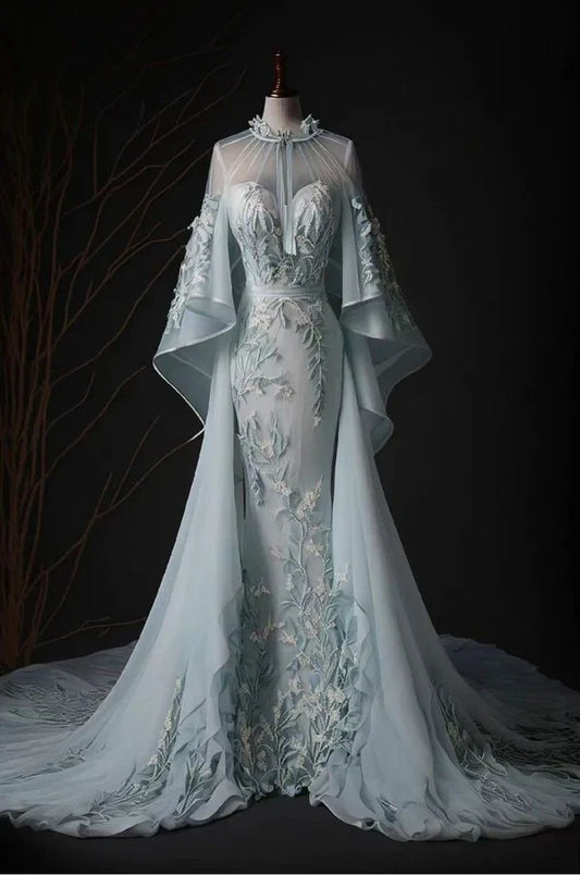 Blue Gorgeous Retro Fashion Elegant Floral Appliqué A-Line Long Tulle Floor-Length Tail Evening Dress Prom Dress gh3699
