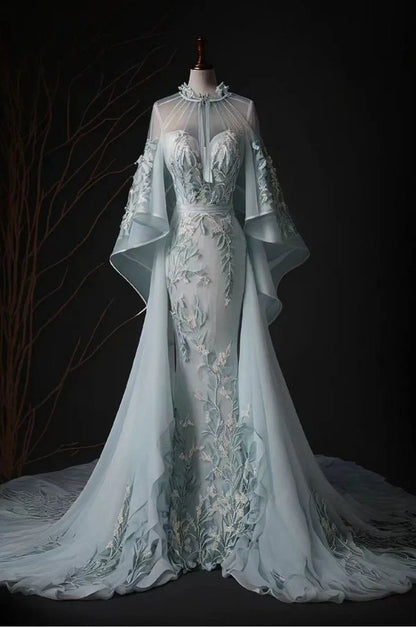 Blue Gorgeous Retro Fashion Elegant Floral Appliqué A-Line Long Tulle Floor-Length Tail Evening Dress Prom Dress gh3699