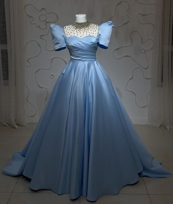 Blue shiny exquisite sequins long floor-length satin ball gown evening gown graduation prom dress gh3381
