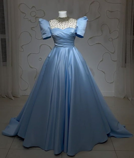 Blue shiny exquisite sequins long floor-length satin ball gown evening gown graduation prom dress gh3381