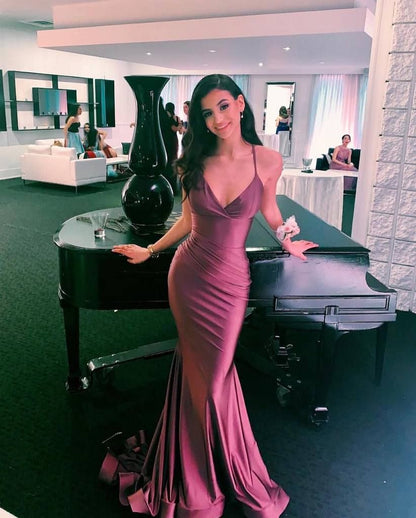 PM390,Mermaid Long Prom Dresses,Satin Evening Dresses,Trumpet Prom Dress,V-neck Sexy Prom Dresses