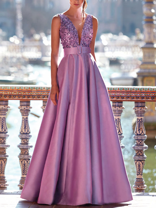 Sequined Elegant Satin Exquisite Ladies Dress