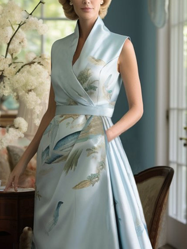V-neck Elegant Trailing Satin Print Dress
