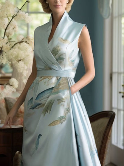 V-neck Elegant Trailing Satin Print Dress