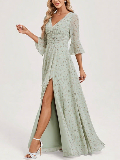 Chiffon Slit Floral Holiday Women's Dress