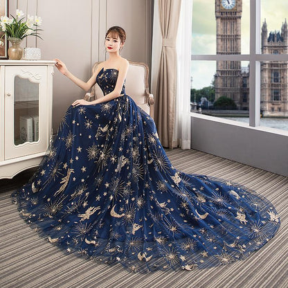 Navy Blue Tulle Mesh Long Off Shoulder Formal Dress, Blue New Style Party Dress Prom Dress KS3594