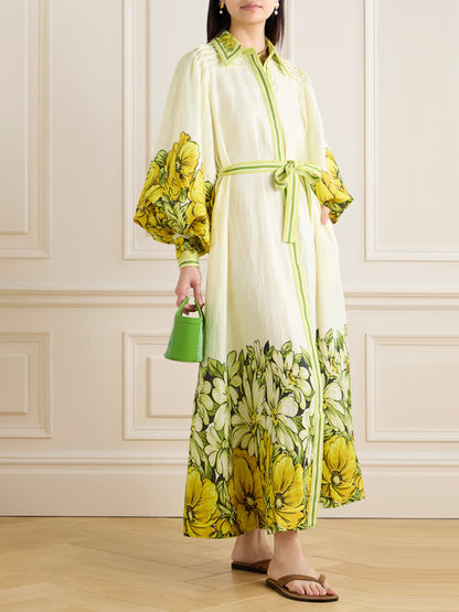 Belted Floral-print Linen Maxi Shirt Dress