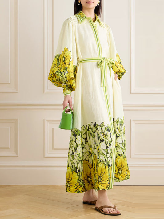 Belted Floral-print Linen Maxi Shirt Dress