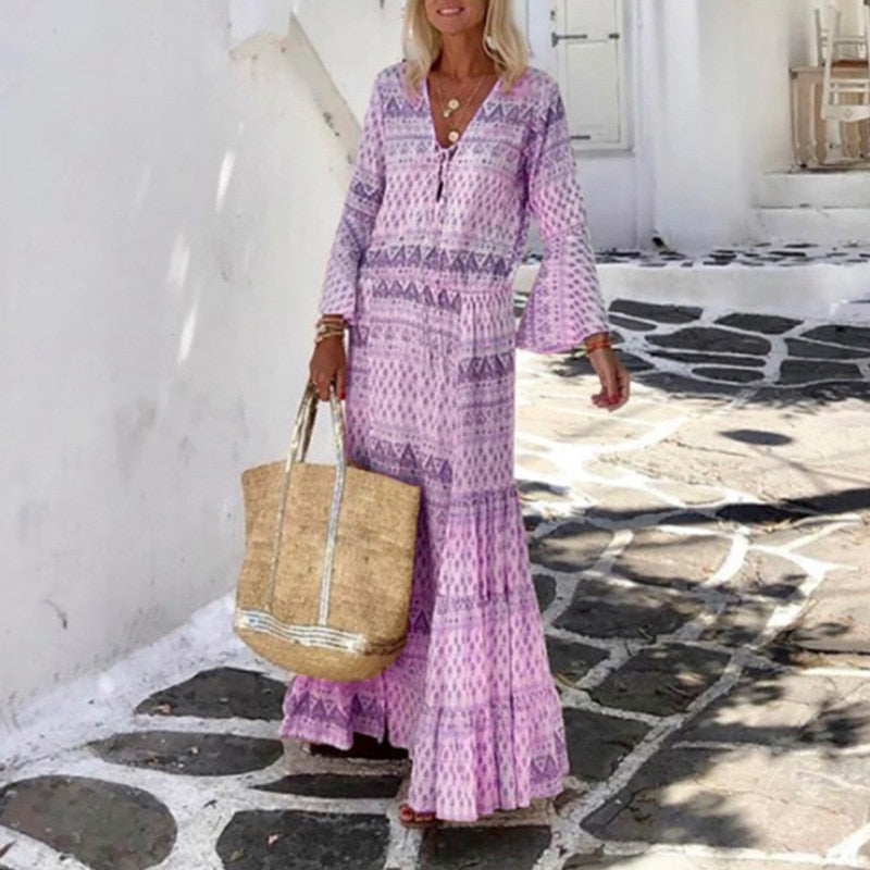 loveedsTM-Women Vintage Geometric Print Long Party Dress Elegant Flare Sleeve Long Beach Dress  Sexy Spring Summer V Neck Maxi Dresses