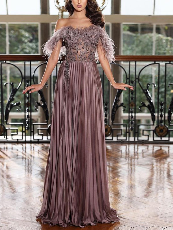 Feather Sequin Tube Top Maxi Dress