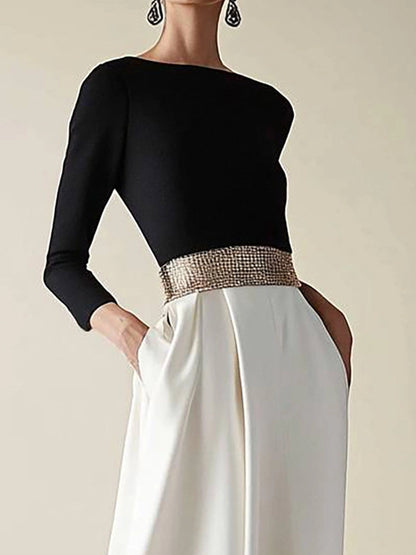 Semiformal Party Dress Black White Diamond Belt Long Sleeves Long Dress