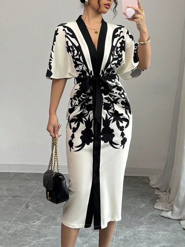 Elegant Floral Printing V Neck Midi Dress With Belt