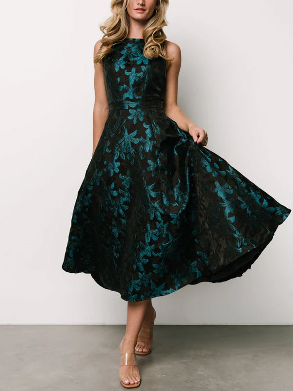 Crew Neck Sleeveless Printed Midi Dress