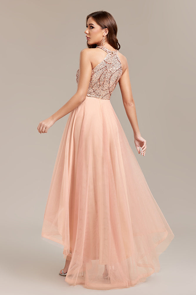 loveedsTM-Halter Neck Sequined Mesh Sleeveless Puff Ball Gown