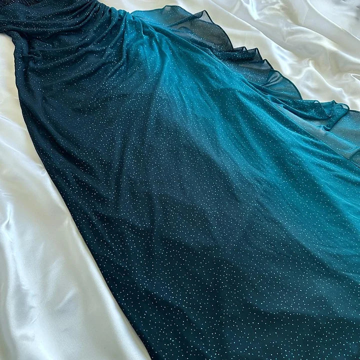 Teal Fashion Shiny Gradient Straps Long Elegant Chiffon Ruffle Formal Prom Dress, Evening Dress, Party Dress gh3505