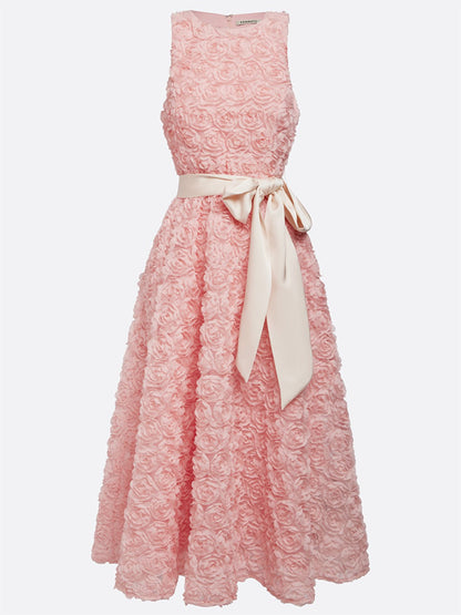 Round Neck Three-dimensional Flower Solid Color Midi Dress