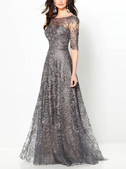 Round Neck Lace Solid Color Maxi Dress
