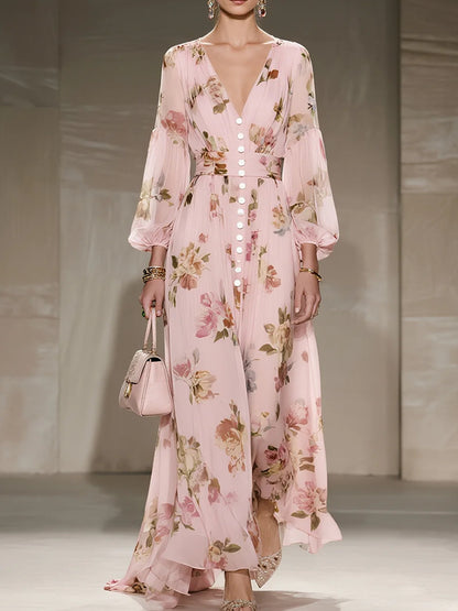 Floral Chiffon V Neck Long Sleeve Balloon Sleeve A-Line Maxi Dress