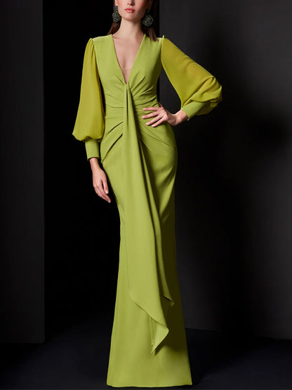 V-neck Solid Color Long Sleeves Maxi Dress