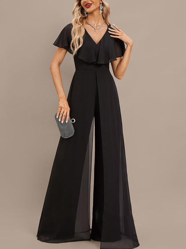 Jumpsuit/Pantsuit V-Neck Floor-Length Chiffon Evening Dress