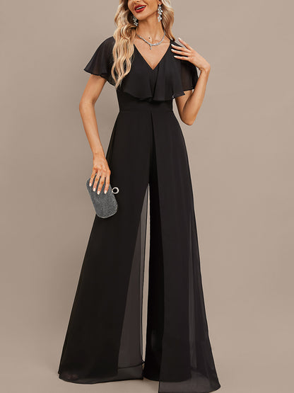 Jumpsuit/Pantsuit V-Neck Floor-Length Chiffon Evening Dress