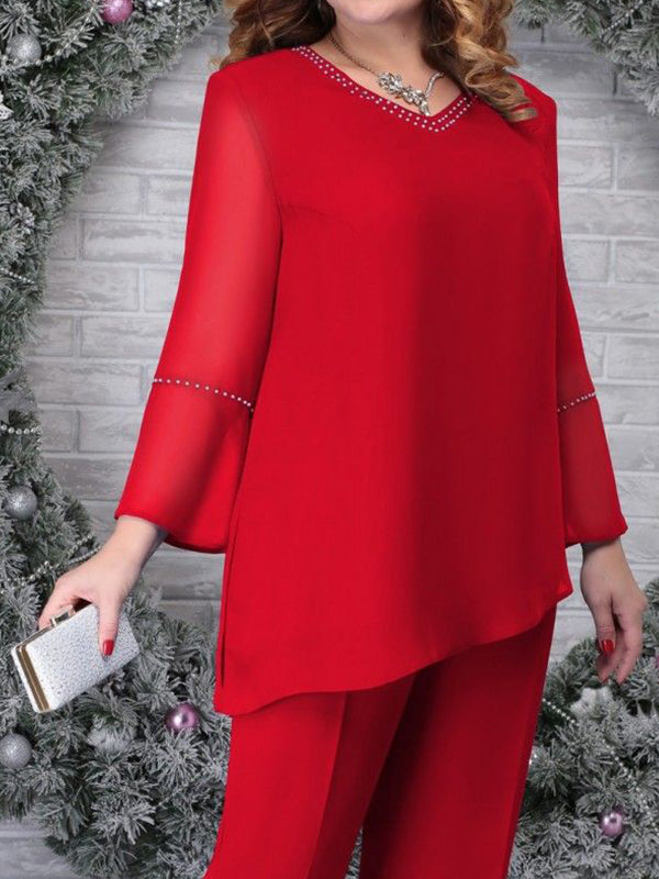V-Neck Solid Color Hem Irregular Top And Trousers Suit