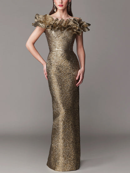 Off-the-shoulder Solid Color Three-dimensional Shape Maxi Dress