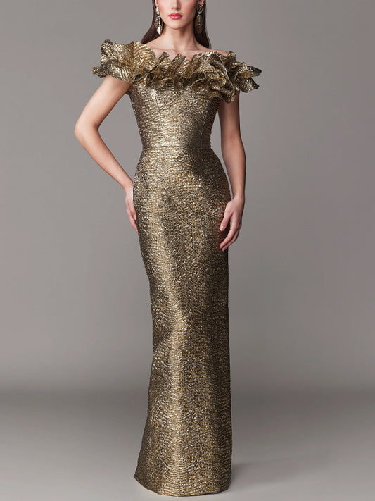 Off-the-shoulder Solid Color Three-dimensional Shape Maxi Dress