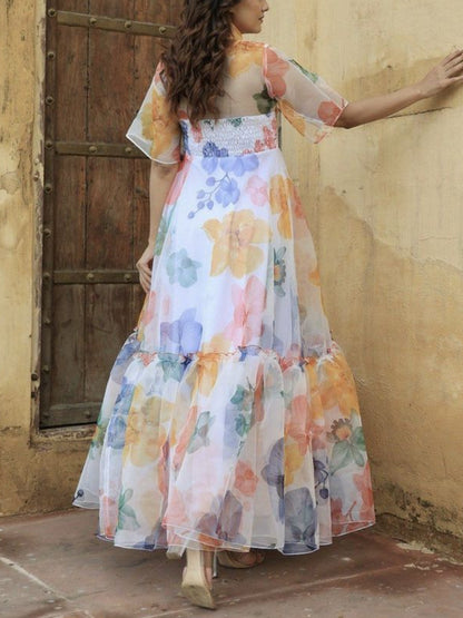 Elegant And Flowing Organza Print Women's Dress