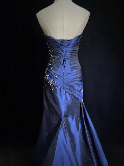 Navy Blue Vintage Fashion Exquisite Beading Long Satin Floor Length Ball Gown Evening Dress gh3636
