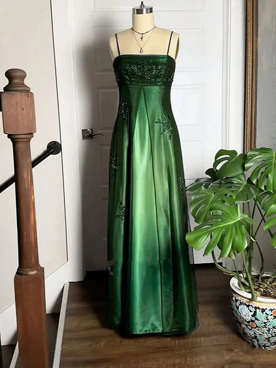Dark Green Vintage Elegant Exquisite Floral Beaded Spaghetti Strap Long Chiffon Ball Gown Evening Dress Birthday Party Dress Formal Women Prom Dress gh3932