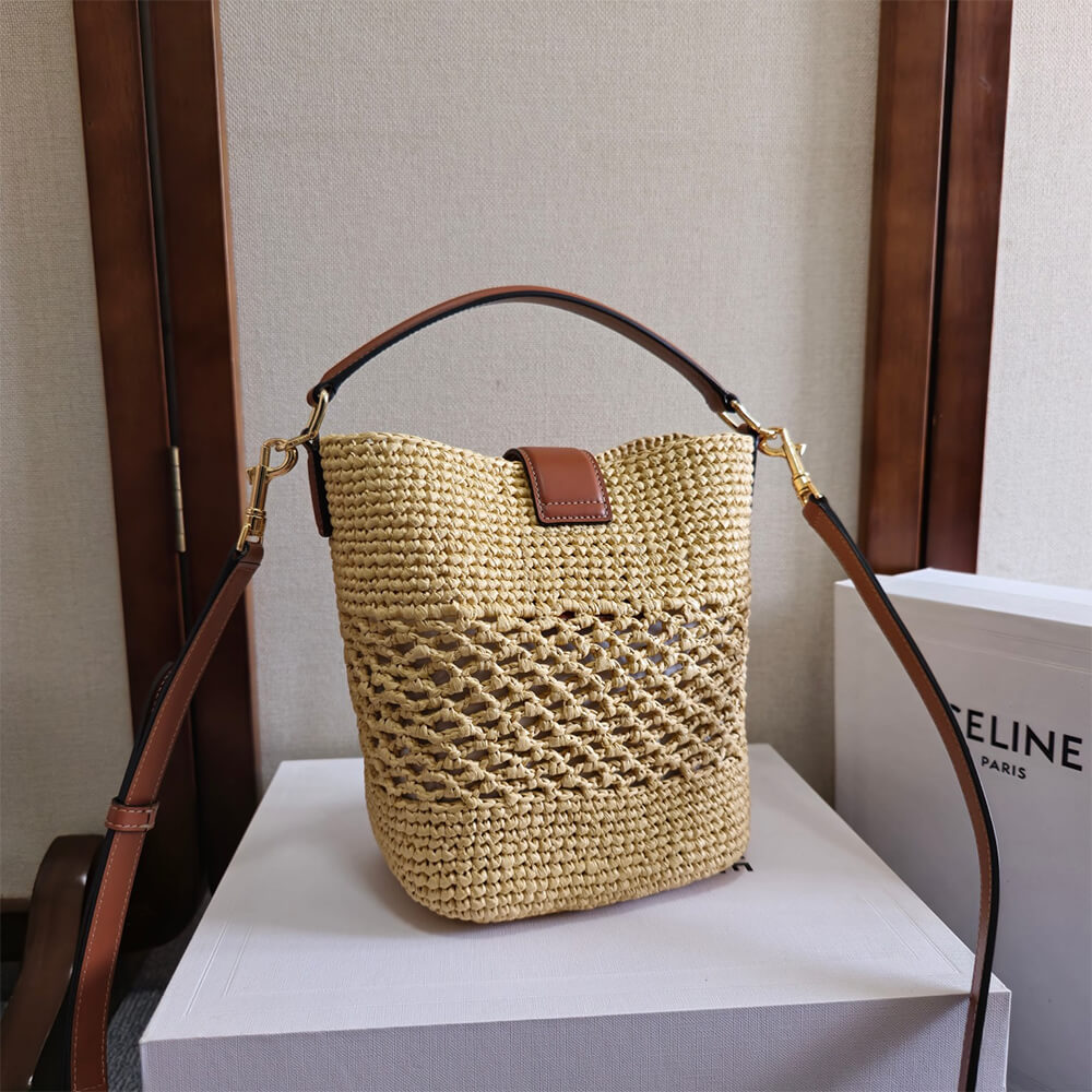 CELINE SMALL LOUISE BUCKET IN RAFFIA AND CALFSKIN