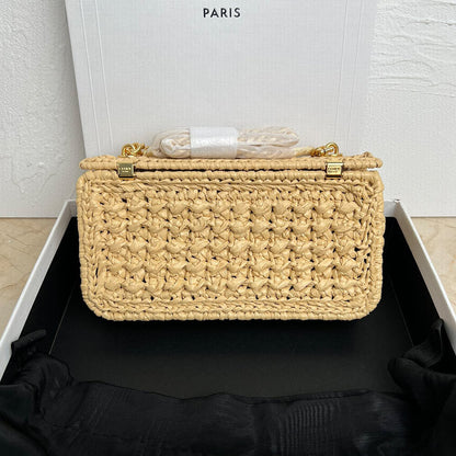 CELINE CHAIN SHOULDER BAG CLAUDE IN RAFFIA EFFECT TEXTILE