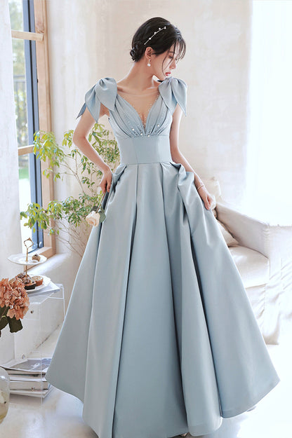 Blue Satin Long A-Line Prom Dress, Lovely Blue Graduation Dress with Bow