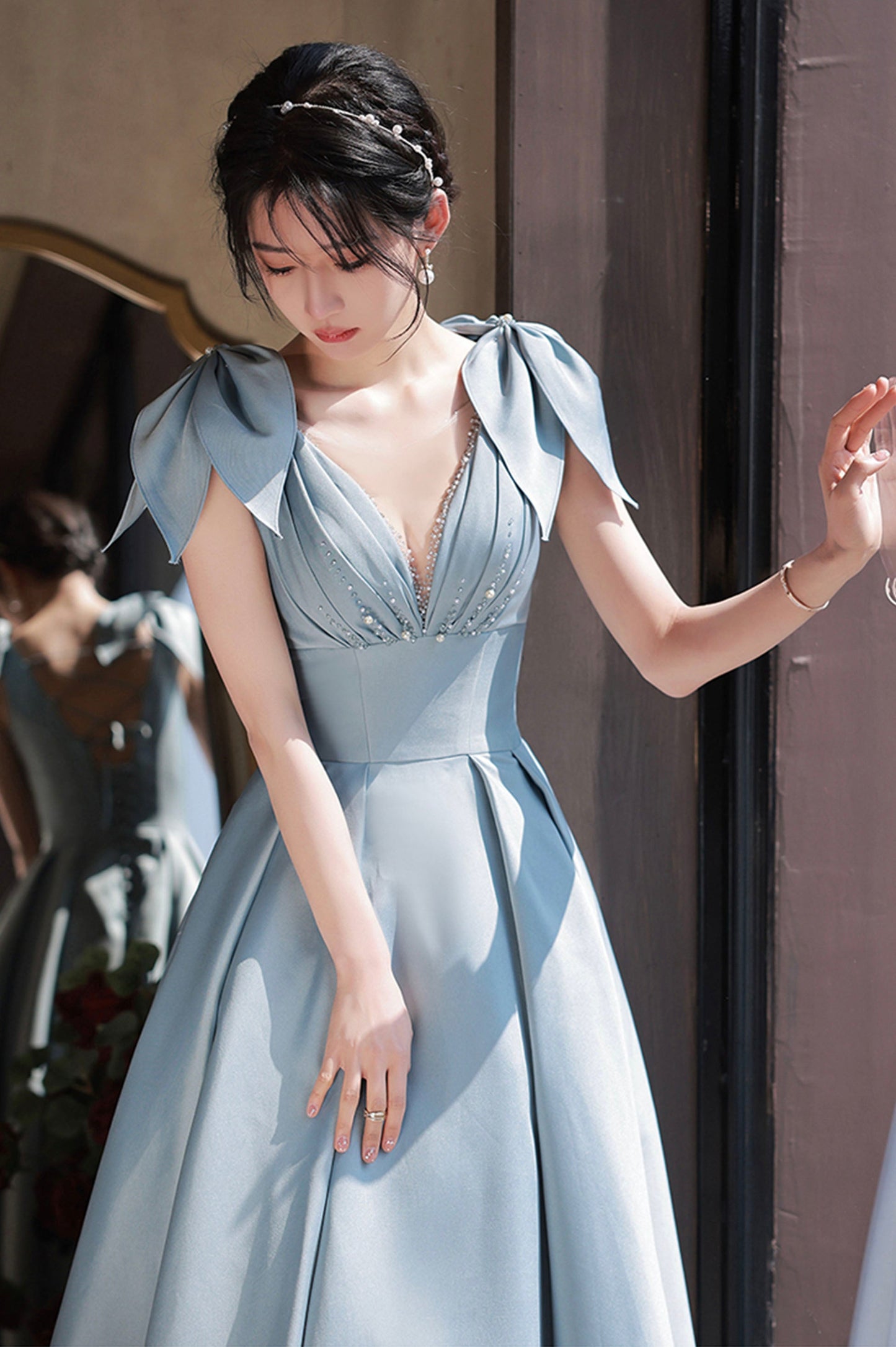 Blue Satin Long A-Line Prom Dress, Lovely Blue Graduation Dress with Bow