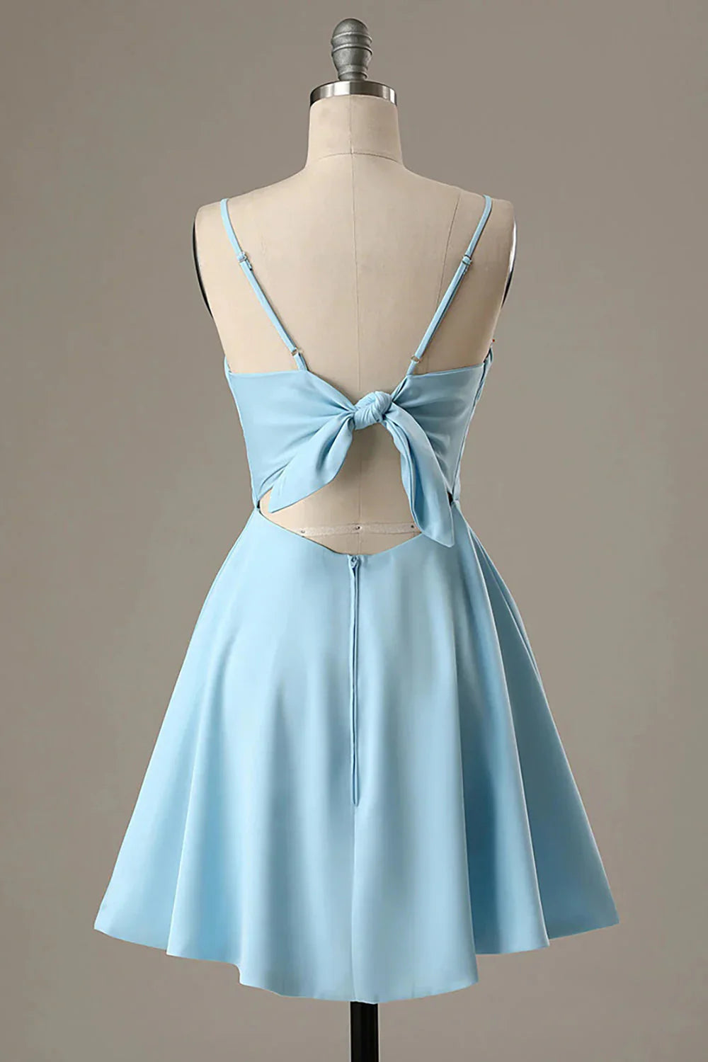 Blue fashion simple bow sleeveless short spaghetti strap A-line short satin mini homecoming dress evening gown gh808
