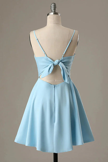 Blue fashion simple bow sleeveless short spaghetti strap A-line short satin mini homecoming dress evening gown gh808