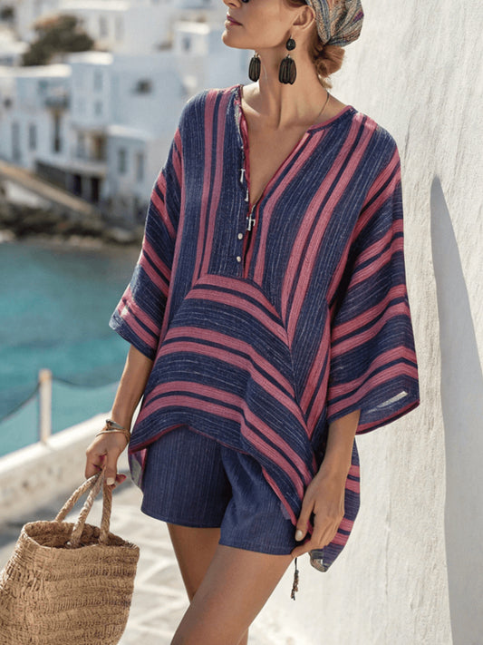 Comfortable and Simple Wide Striped Women's Cotton and Linen Shorts Suit