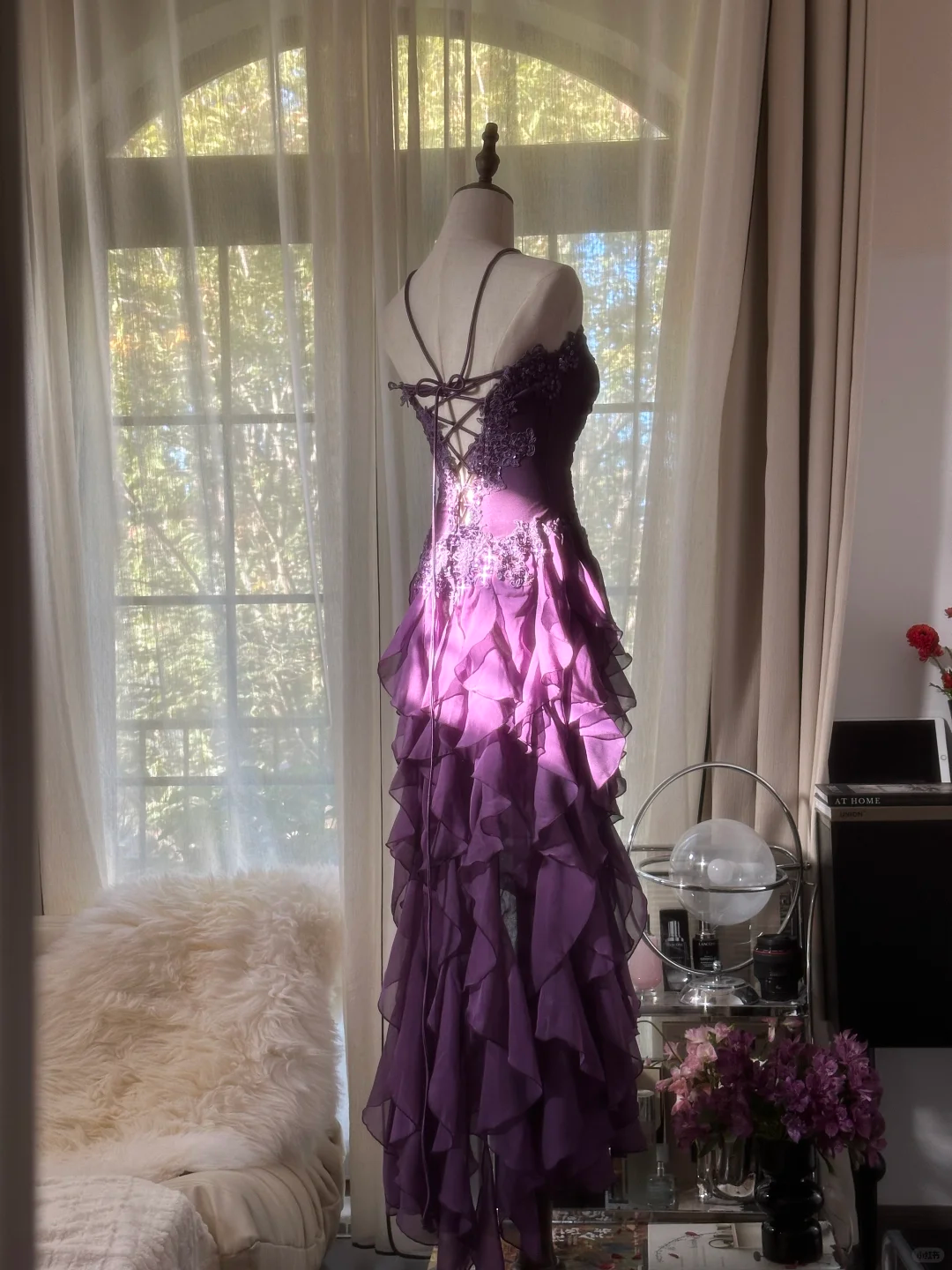 Romantic Purple Ruffle Chiffon Sleeveless Long Elegant Ball Gown Evening Dress Birthday Party Dress gh4270