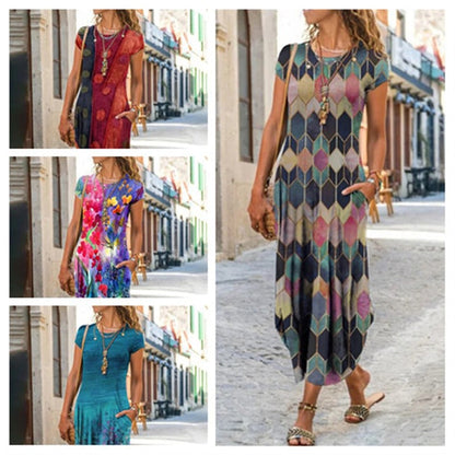 loveedsTM - Elegant Women Maxi Dress 2024 Summer O Neck Short Sleeve Sundress Office Lady Party Dress Female Print A-Line Long Dress Vestido