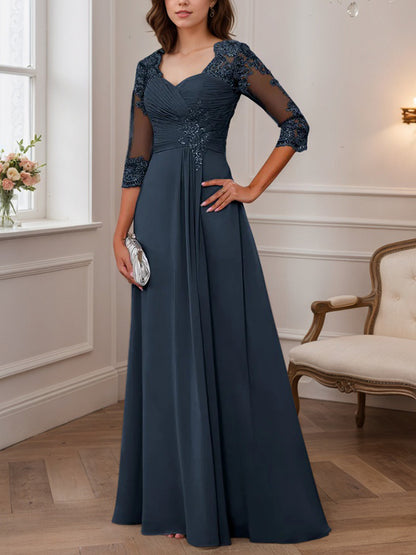 A-Line/Princess Sweetheart Neck 3/4 Length Sleeves Floor-Length Mother Of The Bride Dresses With Lace, Ruffles & Appliques