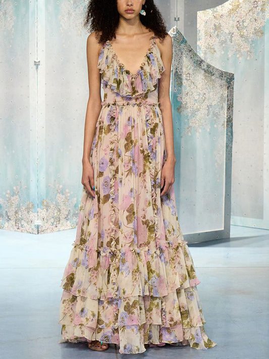 V-neck Sleeveless Printed Maxi Dress