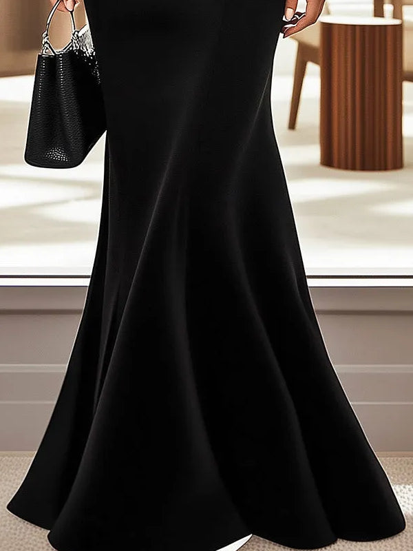 Chic Black Satin Dress with White Bow and Waistband