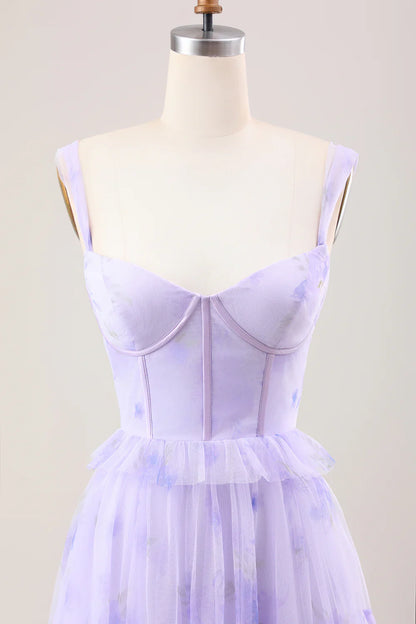 Gentle A Line Strap Print Floral Purple Tulle Prom Dress Graduation Prom Dress SH2658